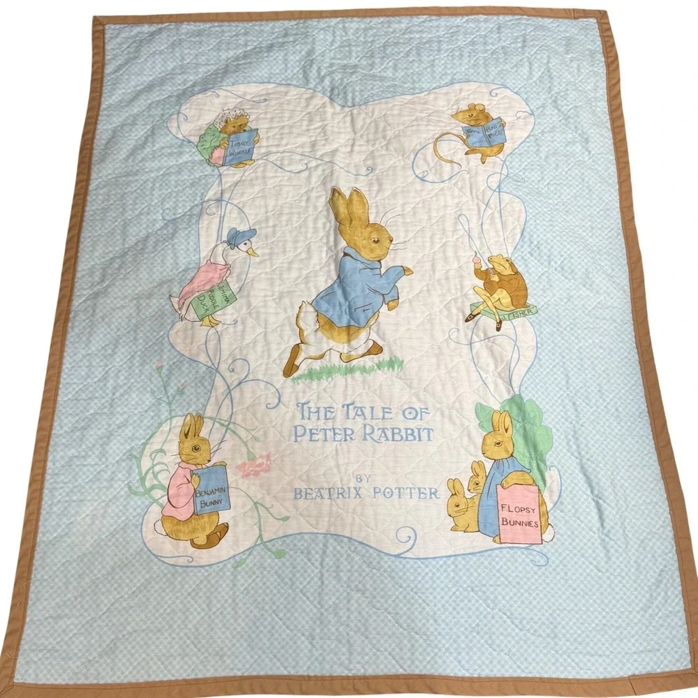 Vintage Beatrix Potter Peter Rabbit Quilted Nursery Blanket Blue Gingham 34x44